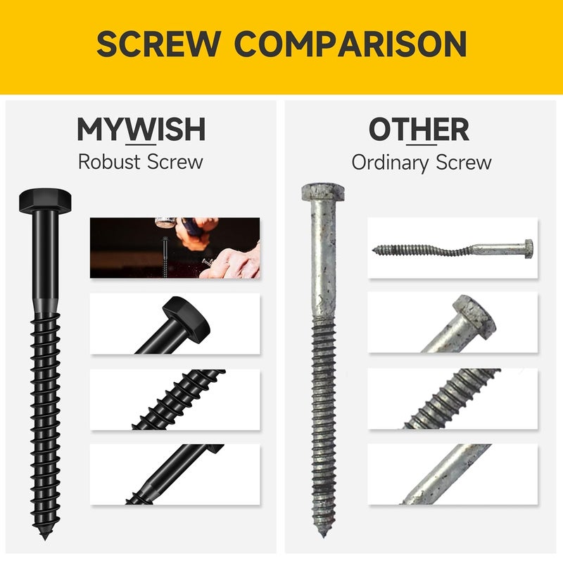 MYWISH 109Pcs 1/4" Hex Head Lag Screws Assortment Kit, Heavy Duty Lag Bolts with Washers, 304 Stainless Steel Bolts 18-8, 5-Size Wood Screws for Outdoor, Black Oxide 1/4 Bolt - Image 4